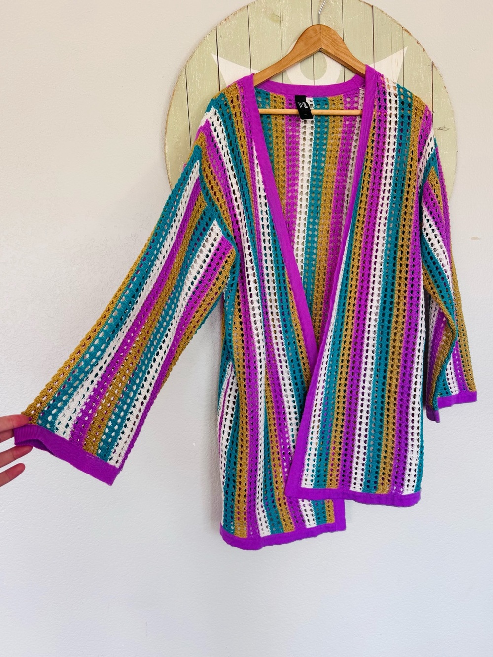Hurley bright stripe crochet beach coverup cardigan